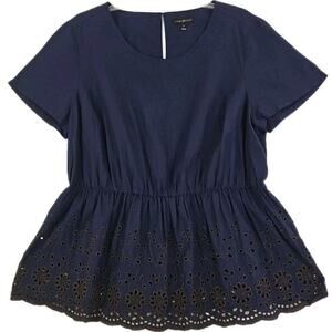 LANE BRYANT ~Woman Size 16~ Navy Blue 100% Cotton Top Blouse Elastic Waist.